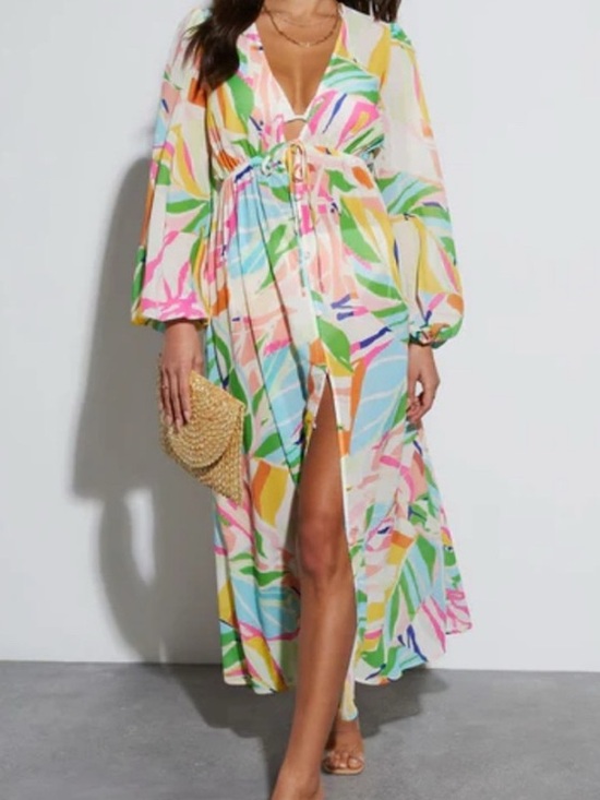 Flying Tomato Other - Vici Flying Tomato Tropical Print Maxi Cover-Up Dress in Pastel Multicolor